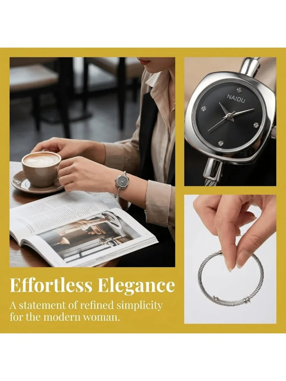 Women's Silver Black Crystal Accent Cable Wire Bangle Square Sunray Dial Watches